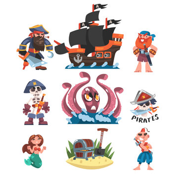 Pirates or Buccaneer with Ship, Sea Monster Kraken, Mermaid and Skull Vector Set