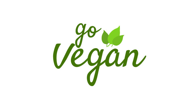 Image of go vegan text in green with leaves logo, on white background