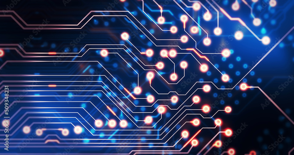 Poster image of light trails moving over computer circuit board