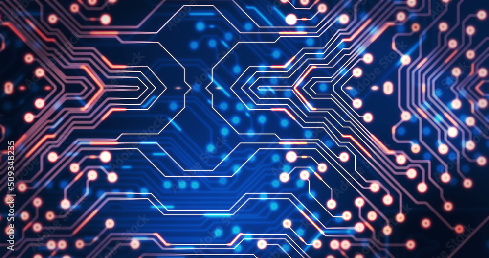 Poster image of light trails moving over computer circuit board