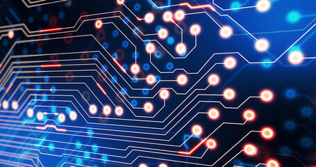 Image of light trails moving over computer circuit board