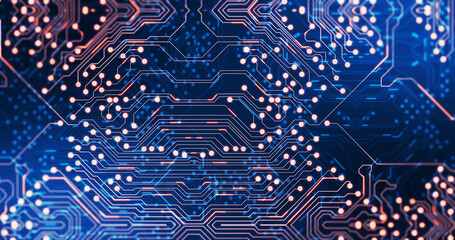Image of light trails moving over computer circuit board