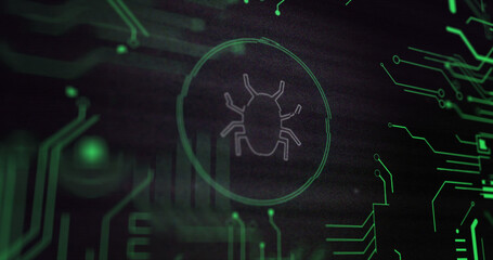 Image of interference over bug icon , data processing and computer circuit board