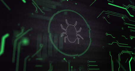 Image of interference over bug icon , data processing and computer circuit board