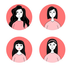 Set of doodle portraits of avatars of young women. Girls faces vector illustration.