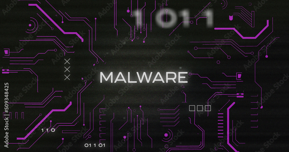 Poster image of interference over malware text, data processing and computer circuit board