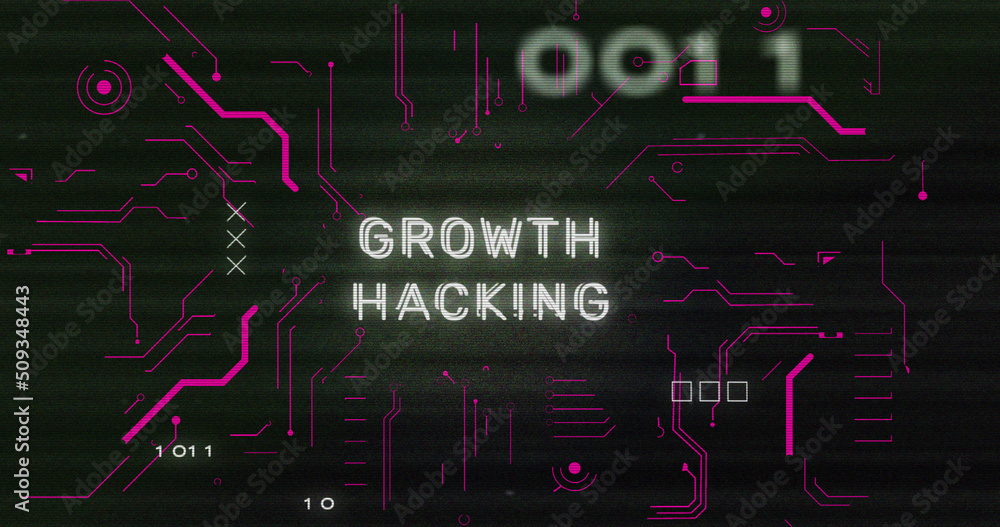 Poster image of interference over growth hacking text, data processing and computer circuit board