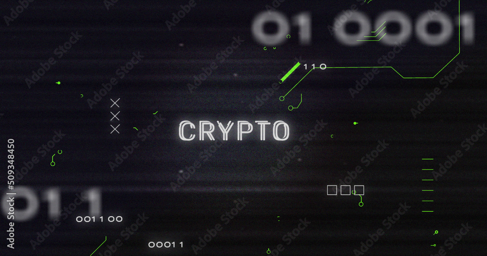 Poster image of interference over crypto text, data processing and computer circuit board