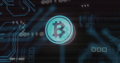 Image of interference over bitcoin symbol, data processing and computer circuit board