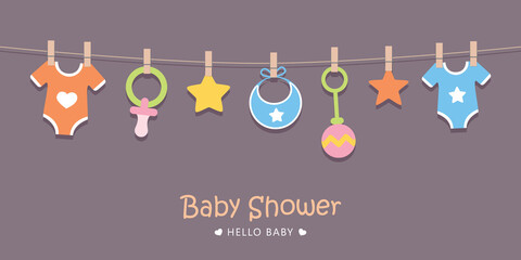 baby shower welcome greeting card for childbirth with hanging utensils - obrazy, fototapety, plakaty