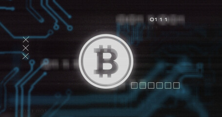 Image of interference over bitcoin symbol, data processing and computer circuit board