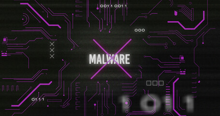 Image of interference over malware text, data processing and computer circuit board