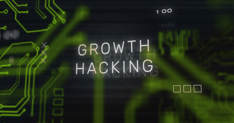 Image of interference over growth hacking text, data processing and computer circuit board