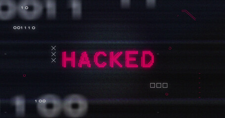 Image of interference over hacked text, data processing and computer circuit board