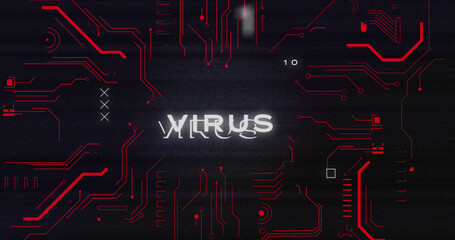 Image of interference over virus text, data processing and computer circuit board