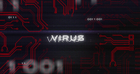 Image of interference over virus text, data processing and computer circuit board