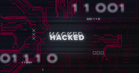 Image of interference over hacked text, data processing and computer circuit board