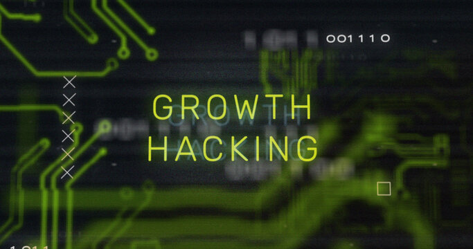 Image of interference over growth hacking text, data processing and computer circuit board