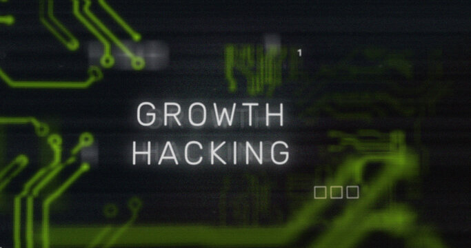 Image of interference over growth hacking text, data processing and computer circuit board