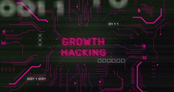 Image of interference over growth hacking text, data processing and computer circuit board