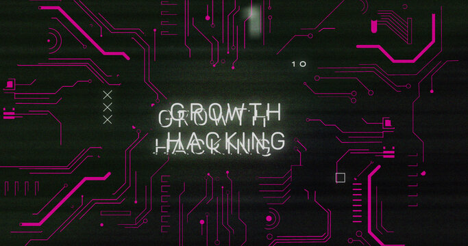 Image of interference over growth hacking text, data processing and computer circuit board