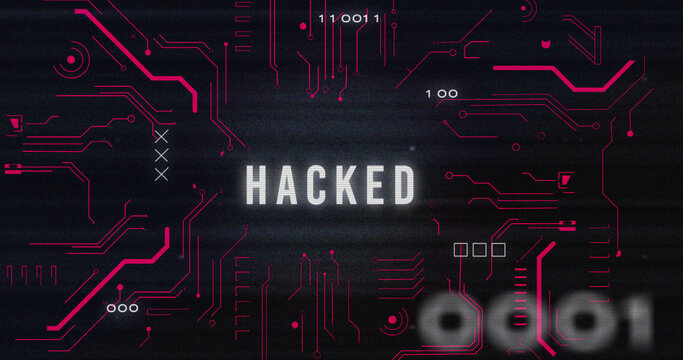 Image of interference over hacked text, data processing and computer circuit board