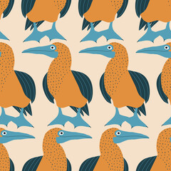 Naklejka premium Adorable blue-footed boobies hand drawn vector illustration. Funny colorful birds in flat style seamless pattern for fabric or wallpaper.