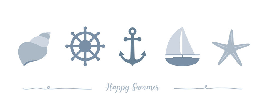 happy summer holiday banner design with with sailing boat shell and anchor