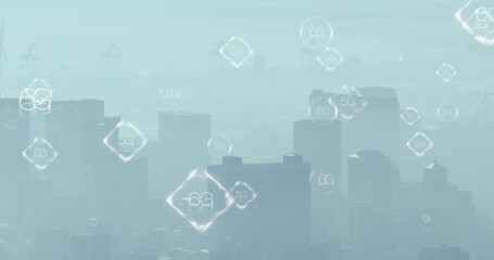 Fototapeta premium 5g and 6g text over multiple banners against aerial view of cityscape