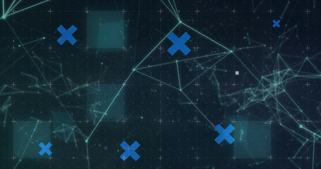 Abstract shapes and grid network over network of connections against clouds in the sky