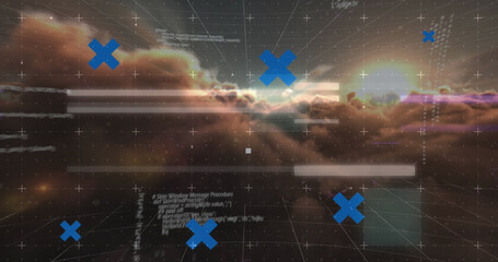 Abstract shapes and grid network over network of connections against clouds in the sky