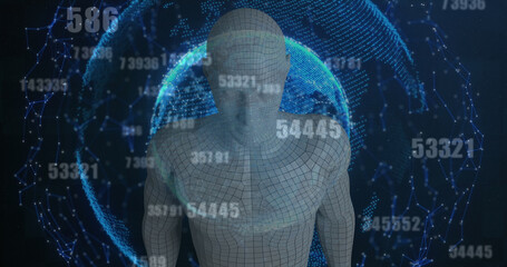 Multiple changing numbers and male human body model against globe of network of connections