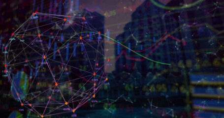 Image of network of connections with icons over cityscape