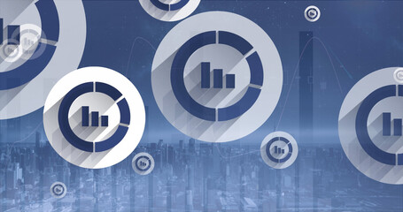 Image of network of connections with icons over cityscape