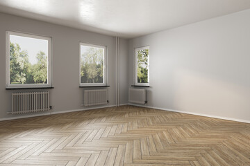 3d illustration

Empty space, parquet detail. Windows with radiators in the back. Neutral colors. Scenery