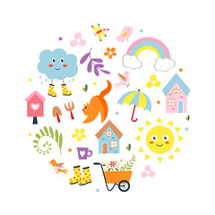 Cute children's set with colorful elements. Perfect for design. Spring illustration.