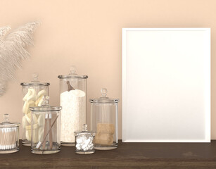 Mockup with empty picture frame on wooden shelf with Bath decoration, 3D rendering, 3D illustration