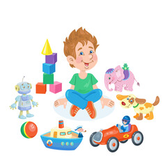 Funny little boy is sitting surrounded by his favorite toys. In cartoon style. Isolated on white background. Vector flat illustration.