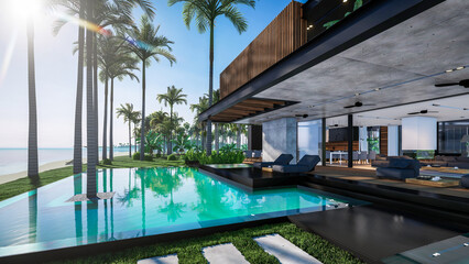 Fototapeta na wymiar 3d rendering of modern cozy house with parking and pool for sale or rent with wood plank facade by the sea or ocean. Sunny day by the azure coast with palm trees and flowers in tropical island