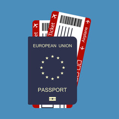EU passport with air tickets. A variant of the concept document of European citizens. Vector illustration on a blue background.