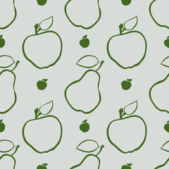 Wallpaper for refrigerator and kitchen. Vector seamless green apples and pears for pillows, prints, cups, wallpapers, notebooks and kitchen.