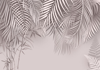 Tropical wallpaper in delicate pastel powdery, monochrome colors. Palm leaves and bamboo. Jungle, and Jungalow Style