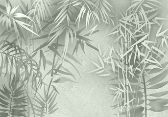 Tropical wallpaper in delicate pastel powdery, monochrome colors. Palm leaves and bamboo. Jungle, and Jungalow Style © yuliana_s