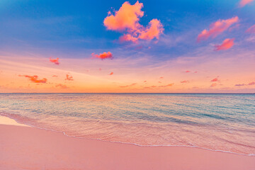 Amazing closeup beach sunset, endless blurred horizon, incredible dreamy sunlight. Relax, tranquility bright beach sand, rays. Positive energy serene solitude sea view. Summer beach golden skyline