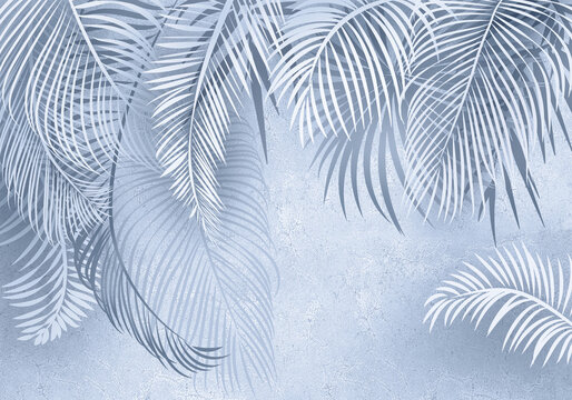 Tropical wallpaper in delicate pastel powdery, monochrome colors. Palm leaves and bamboo. Jungle, and Jungalow Style © yuliana_s