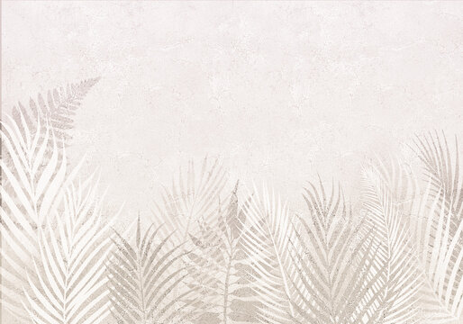 Tropical wallpaper in delicate pastel powdery, monochrome colors. Palm leaves and bamboo. Jungle, and Jungalow Style