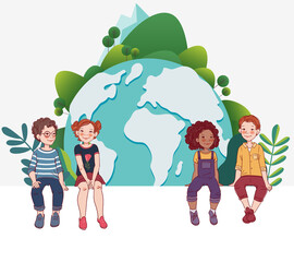 Group of friendly kids sitting on white board with world map. Happy boys and girls. Eco friendly ecology concept. Nature conservation vector illustration