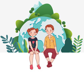 Group of friendly kids sitting on white board with world map. Happy boys and girls. Eco friendly ecology concept. Nature conservation vector illustration