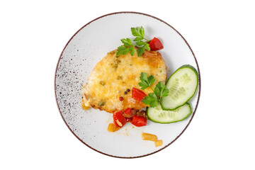 Baked seasoned meat filet piece with mozzarella, roasted onion and paprika on vintage plate isolated on white background.