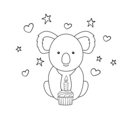 Coloring page with little koala, birthday cupcake, stars and hearts, black and white outline elements on a white. Vector design template for kids coloring book, cover, poster, greeting card and print